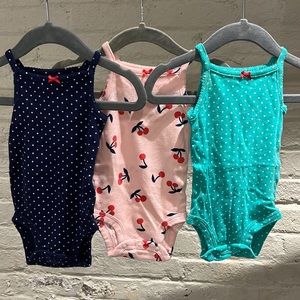 Carters 0-3 Month Tank Top Onesie Girl Bundle. Navy, Green and Pink Prints.
